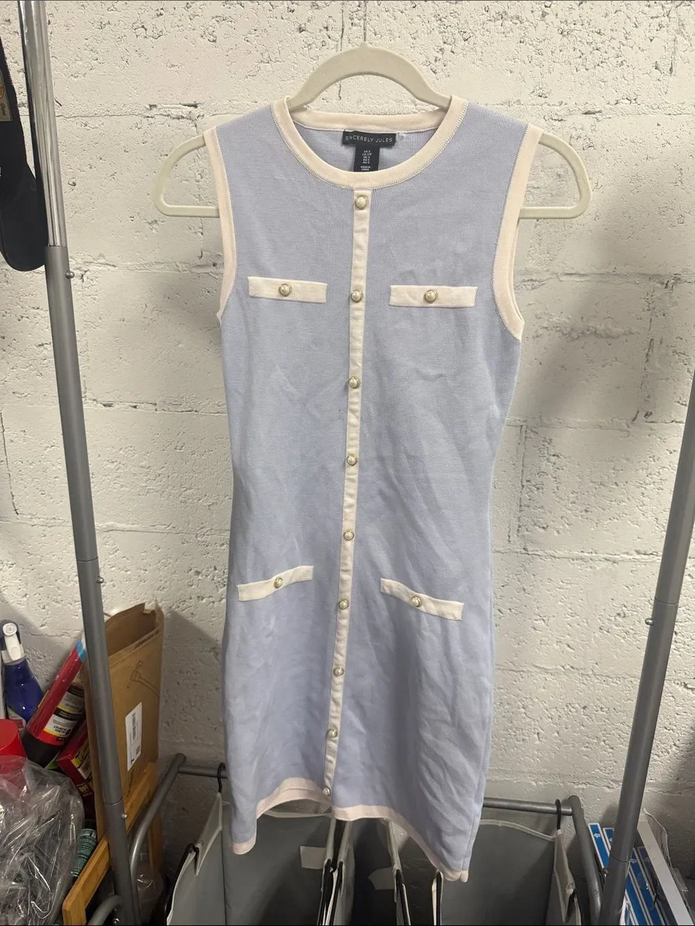 SINCERELY JULES Light Blue Sleeveless Knit Dress with Cream Trim Pearls - Small